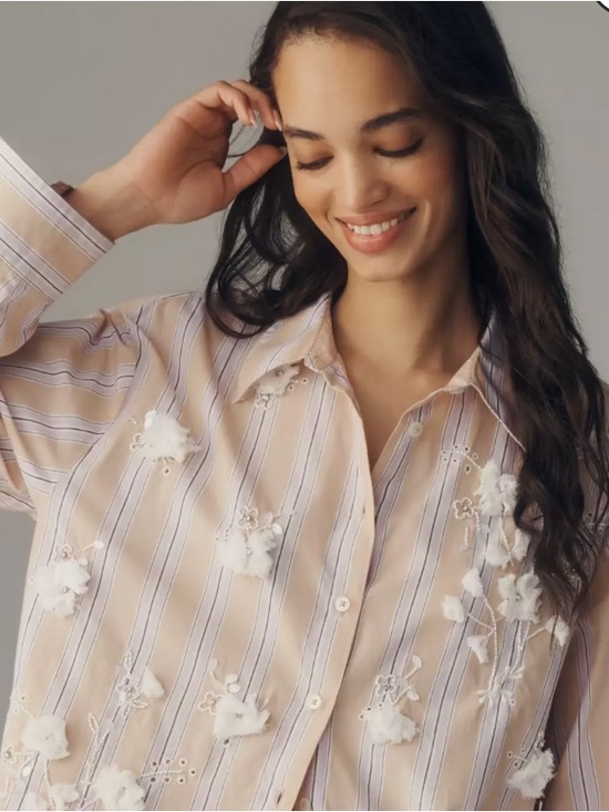 Anthropologie Tops - Anthropologie Maeve Bennet Purple Stripe Floral Shrunken Embellished Shirt L NWT